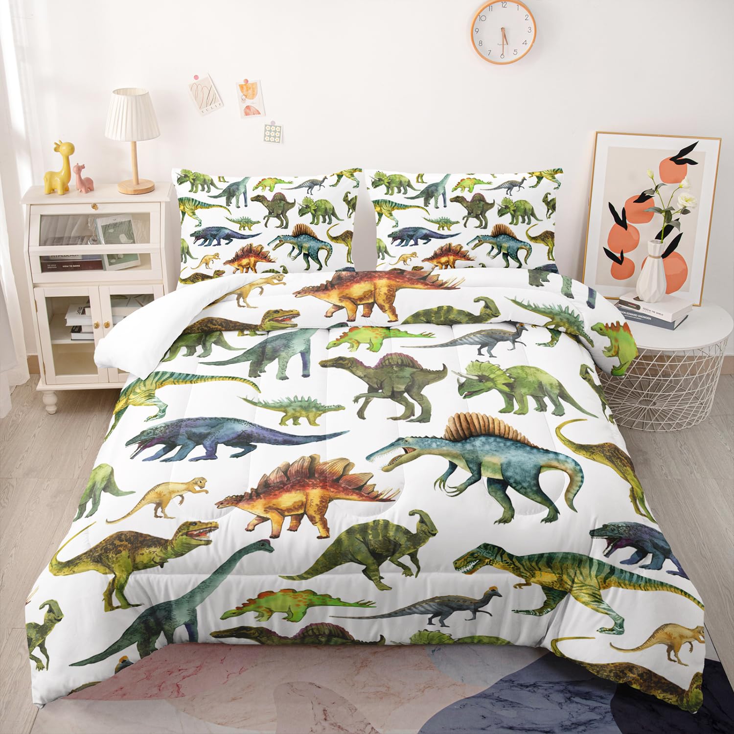 Nttopship Dinosaur Comforter Sets Full Size，Dinosaur Printed Quilt Set for Bedroom Soft Microfiber All Season Print Quilt Set with 1 Comforter and 2 Pillow Case