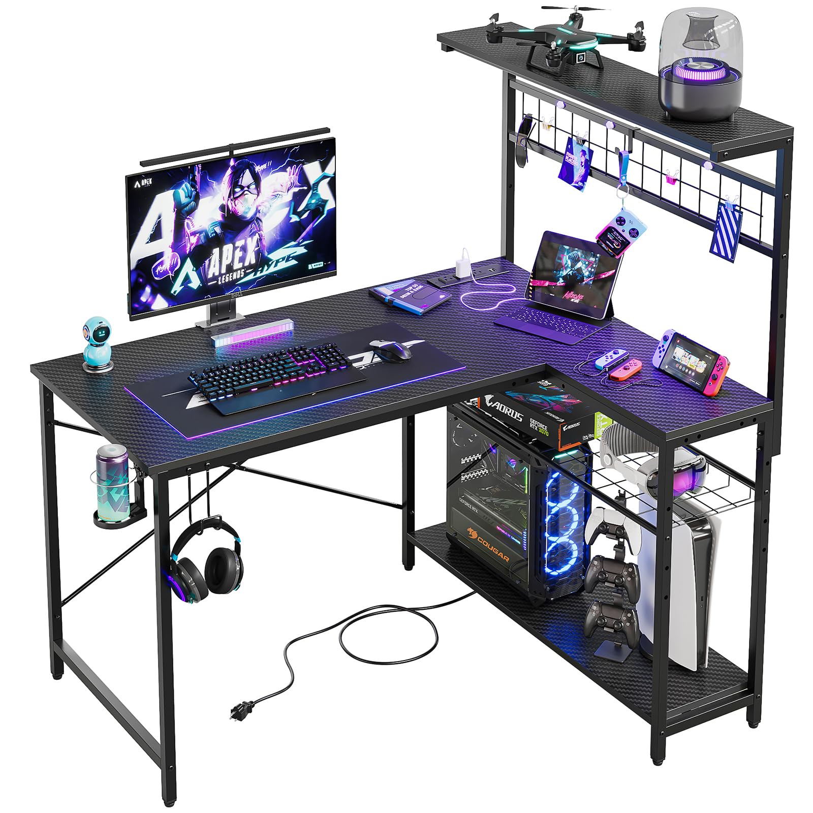 Bestier 42 L Gaming Desk,Computer Desk with Power Outlets, LED Lights, Reversible Corner Desk with 4-Tier Shelves,Cup Holder & Hook Carbon Fiber Black