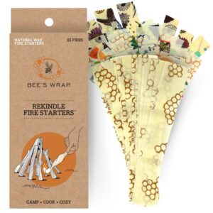 bee's wrap rekindle fire starters, made in the usa natural beeswax fire starters for campfires, waterproof fire starter made from beeswax food wraps, safe for indoor & outdoor use, 6oz starts 25 fires