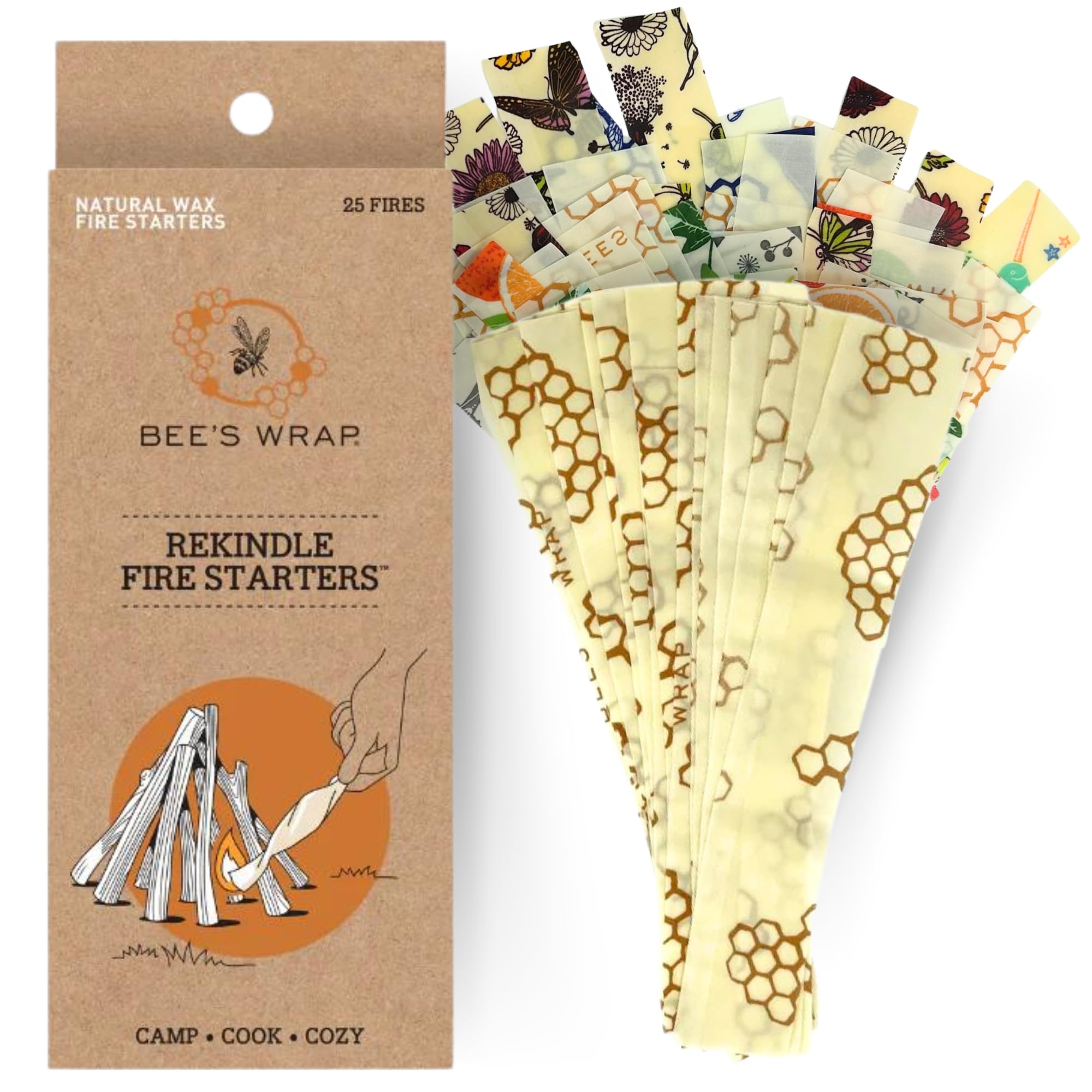 Bee's Wrap ReKindle Fire Starters, Made in the USA Natural Beeswax Fire Starters for Campfires, Waterproof Fire Starter Made From Beeswax Food Wraps, Safe for Indoor & Outdoor Use, 6oz Starts 25 Fires