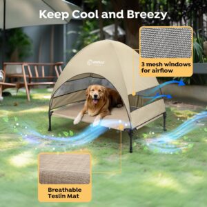 Veehoo Outdoor Dog Bed with Canopy, Cooling Elevated Dog Bed with Removable Shade, Non-Slip Feet, Raised Dog Cot Bed for Large Dogs, Dog Tent Bed for Camping, Beach, Large, Beige Coffee CWC2411