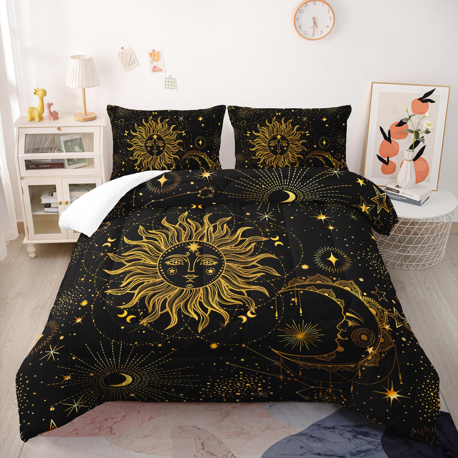 Nttopship Sun and Moon Bedding Comforter Set for Kids Teens and Adults Mysterious Galaxy Theme Printed Quilt Set for Bedroom 100% Soft Microfiber Print Quilt Set with 1 Comforter and 2 Pillow Case