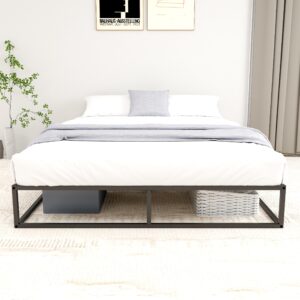 mhjinuwet queen size bed frame, 10" metal platform with wooden slats, easy assembly, no box spring needed