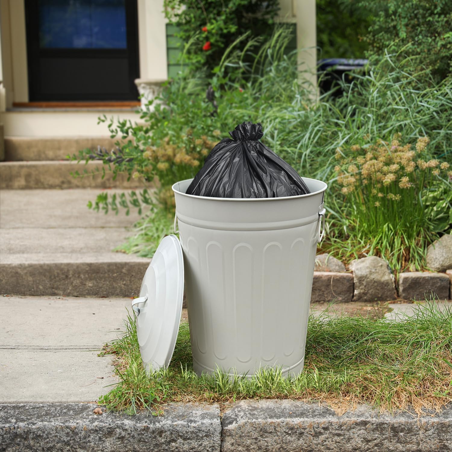 Plexon 13-Gallon Beige Galvanized Steel Round Trash Can with Lid