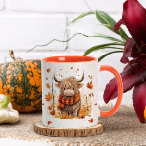 Hyturtle Fall Highland Cow Maple Leaves Coffee Mug - Birthday Gifts For Cow Lovers - Fall Autumn Decor Gifts For Farmhouse Thanksgiving - Highland Cow Gifts - 11oz White Ceramic Coffee Tea Mug