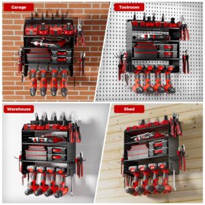 Power Tool Organizer with Charging Station, 4 Drills Holder Wall Mount Rack, 3 Layer Storage Rack,Side Pegboard with Screwdriver Holder/Plier Holder,etc, Garage Power Tool Storage with Power Strip