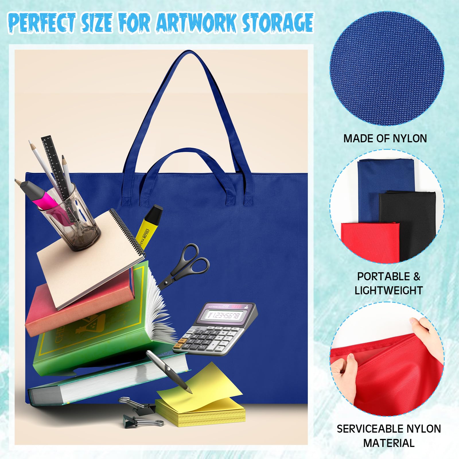 Abbylike 3 Pcs Art Portfolio Tote Bag 24" x 36" Large Poster Board Storage Bag with Nylon Shoulder Light Weight Waterproof Art Portfolio Case for Sketching Drawing Artwork Student, Black, Blue, Red