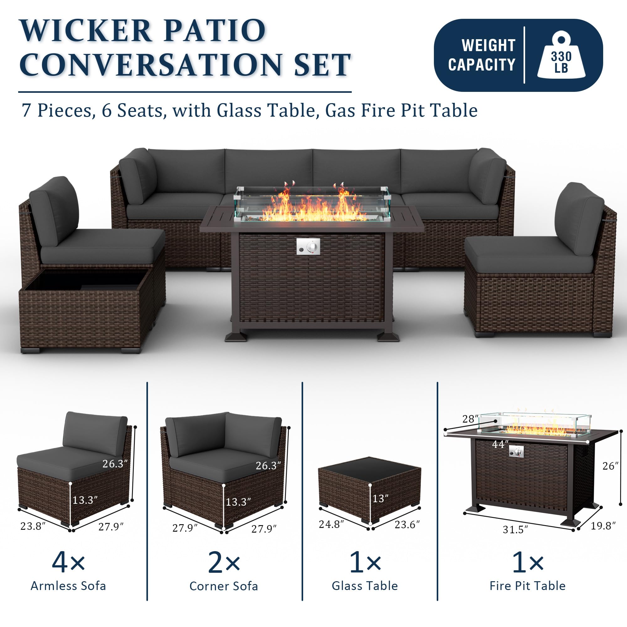 VONZOY 8 Pieces Outdoor Patio Furniture Set with 44" Fire Pit Table Rattan Sectional Conversation Sets w/Gas Fire Pit, Coffee Table, 2 Waterproof Covers, Dark Grey