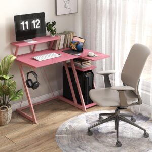 Tangkula L Shaped Gaming Desk with Power Outlets, Small Gaming Computer Desk 39inch with Storage Shelf, Corner Desk with Carbon Fiber Texture, Gamer Desk Gaming Table (Pink)