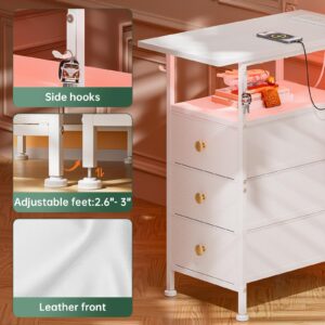 GipGiper End Table with Charging Station, Narrow Side Table with 3 Fabric Drawers and Shelf, Skinny Nightstand with LED Light, Slim Bedside Table for Bedroom, Living Room, Small Spaces, White