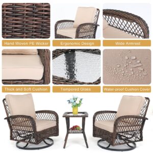 VINGLI 3 Pieces Outdoor Swivel Chairs Set of 2 and Side Table, Wicker Outdoor Rocking Chair Patio Swivel Chairs Outdoor Furniture Set for Porch Deck Backyard