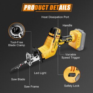 Cordless Reciprocating Saw for DEWALT 20V Max Battery, Brushless Motor Variable Speed 0-3500 SPM, Tool-free Blade Change, AODERTI Recipro Sawzall with 4 Saw Blades for Wood/Metal Cutting (Tool Only)