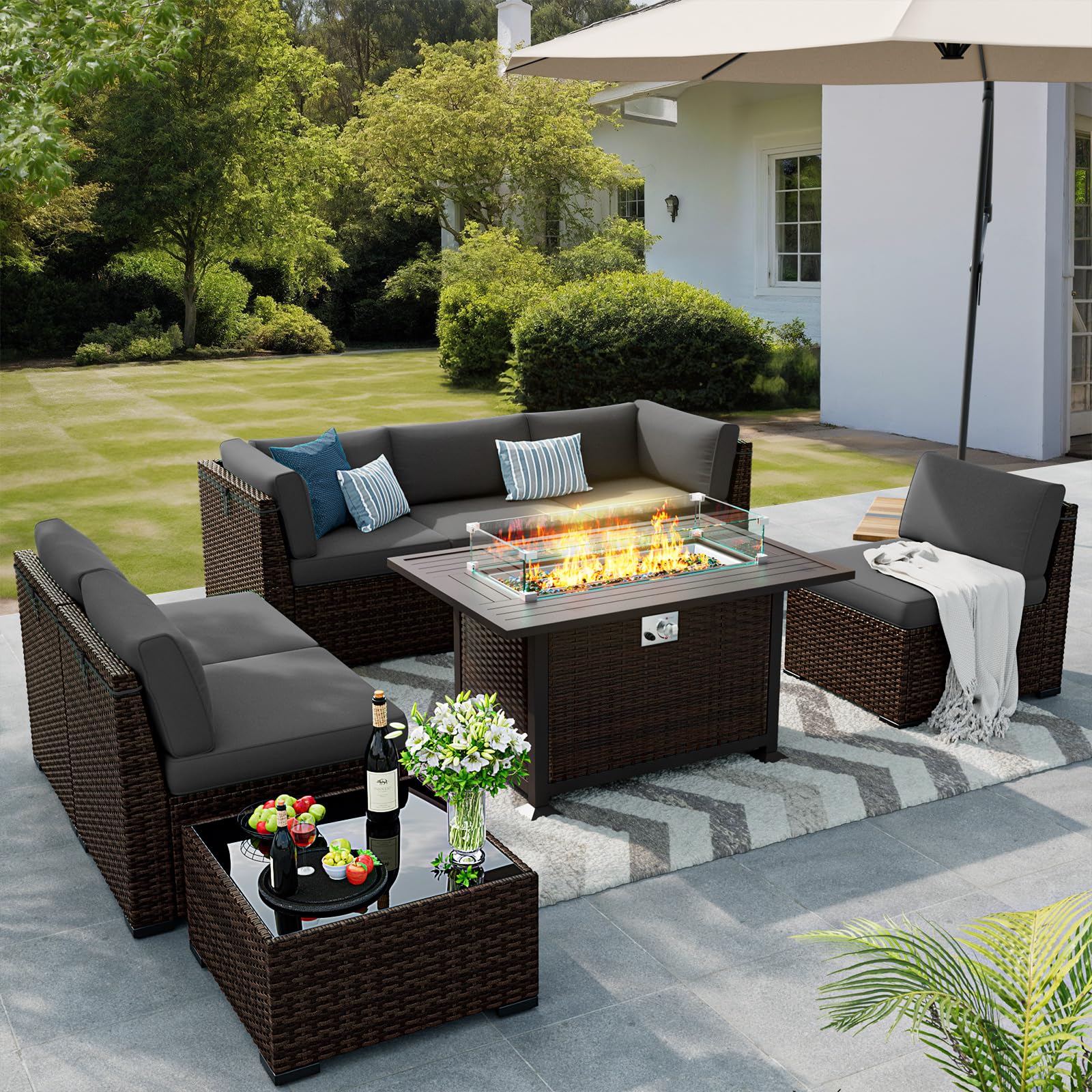 VONZOY 8 Pieces Outdoor Patio Furniture Set with 44" Fire Pit Table Rattan Sectional Conversation Sets w/Gas Fire Pit, Coffee Table, 2 Waterproof Covers, Dark Grey