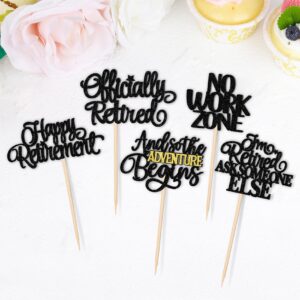 30 PCS Happy Retirement Cupcake Toppers Officially Retired No Work Zone Adventure Begins Cupcake Picks for Retirement Theme Farewell Birthday Party Cake Decorations Supplies Black