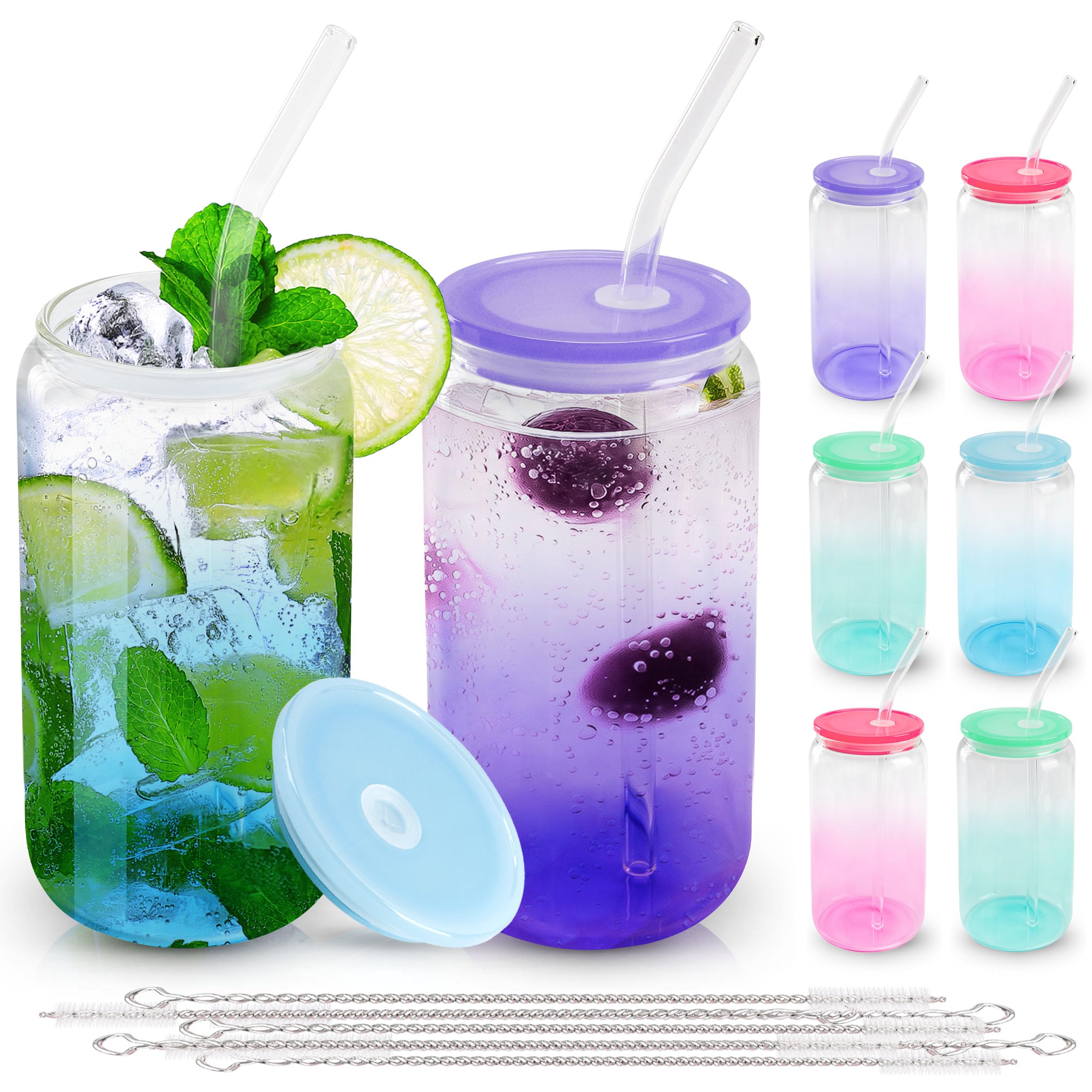 Joyclub 16oz Glass Cups with Acrylic Lids and Straws 8 Set Can Shaped Glass Iced Coffee Cups with Lids, Gradient Drinking Glasses Cute Tumbler Cup Great for Smoothie Soda Boba Tea Cocktail Beer Gift