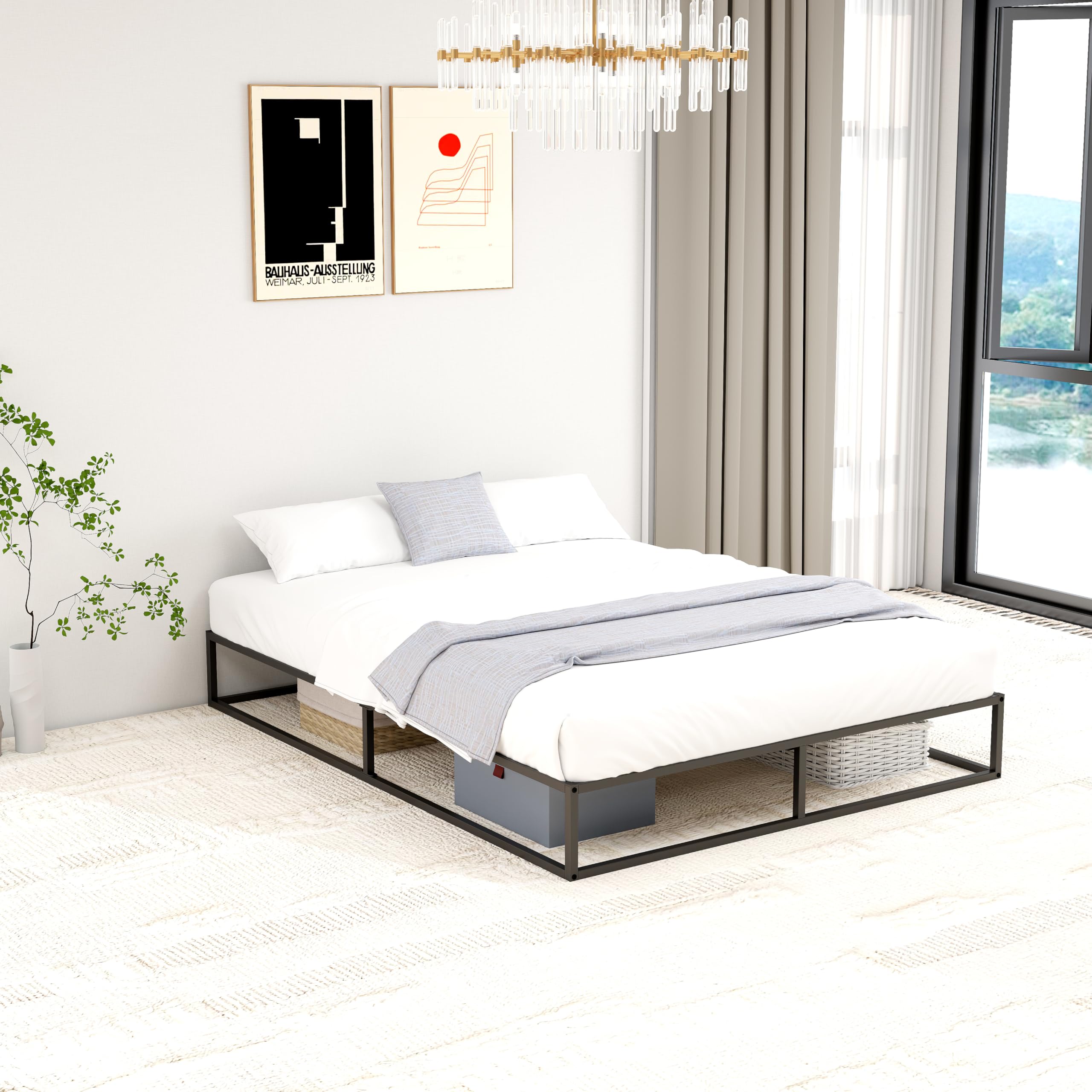 Mhjinuwet Queen Size Bed Frame, 10" Metal Platform with Wooden Slats, Easy Assembly, No Box Spring Needed