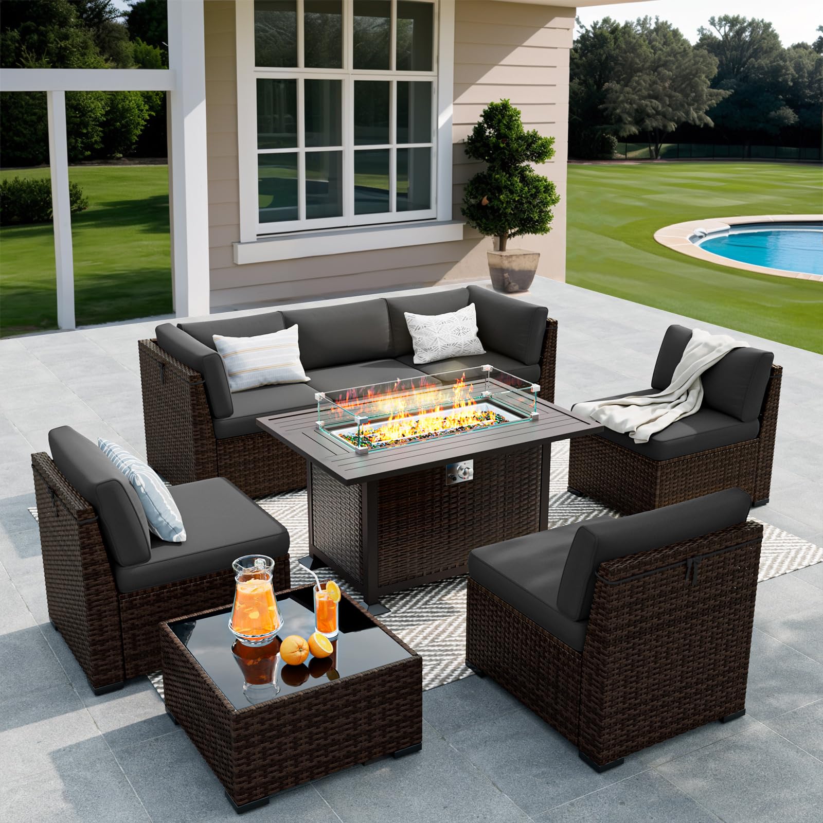 VONZOY 8 Pieces Outdoor Patio Furniture Set with 44" Fire Pit Table Rattan Sectional Conversation Sets w/Gas Fire Pit, Coffee Table, 2 Waterproof Covers, Dark Grey