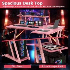 Tangkula L Shaped Gaming Desk with Power Outlets, Small Gaming Computer Desk 39inch with Storage Shelf, Corner Desk with Carbon Fiber Texture, Gamer Desk Gaming Table (Pink)