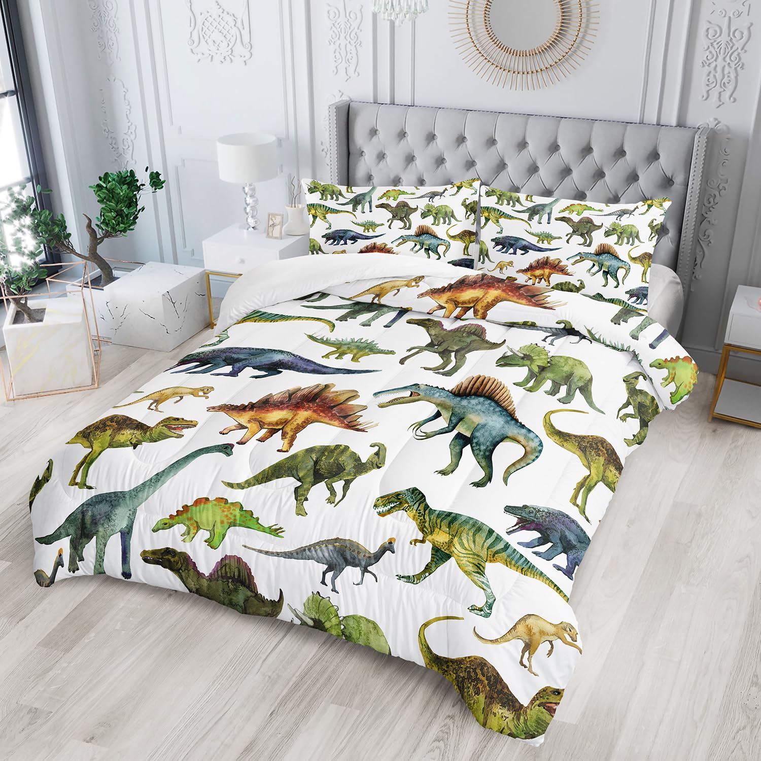 Nttopship Dinosaur Comforter Sets Full Size，Dinosaur Printed Quilt Set for Bedroom Soft Microfiber All Season Print Quilt Set with 1 Comforter and 2 Pillow Case