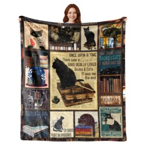 vhikmly christmas book lovers gifts, black cat blanket for women, cat lover gifts, gifts for book lovers, book reading lovers blanket throws 60"x50"