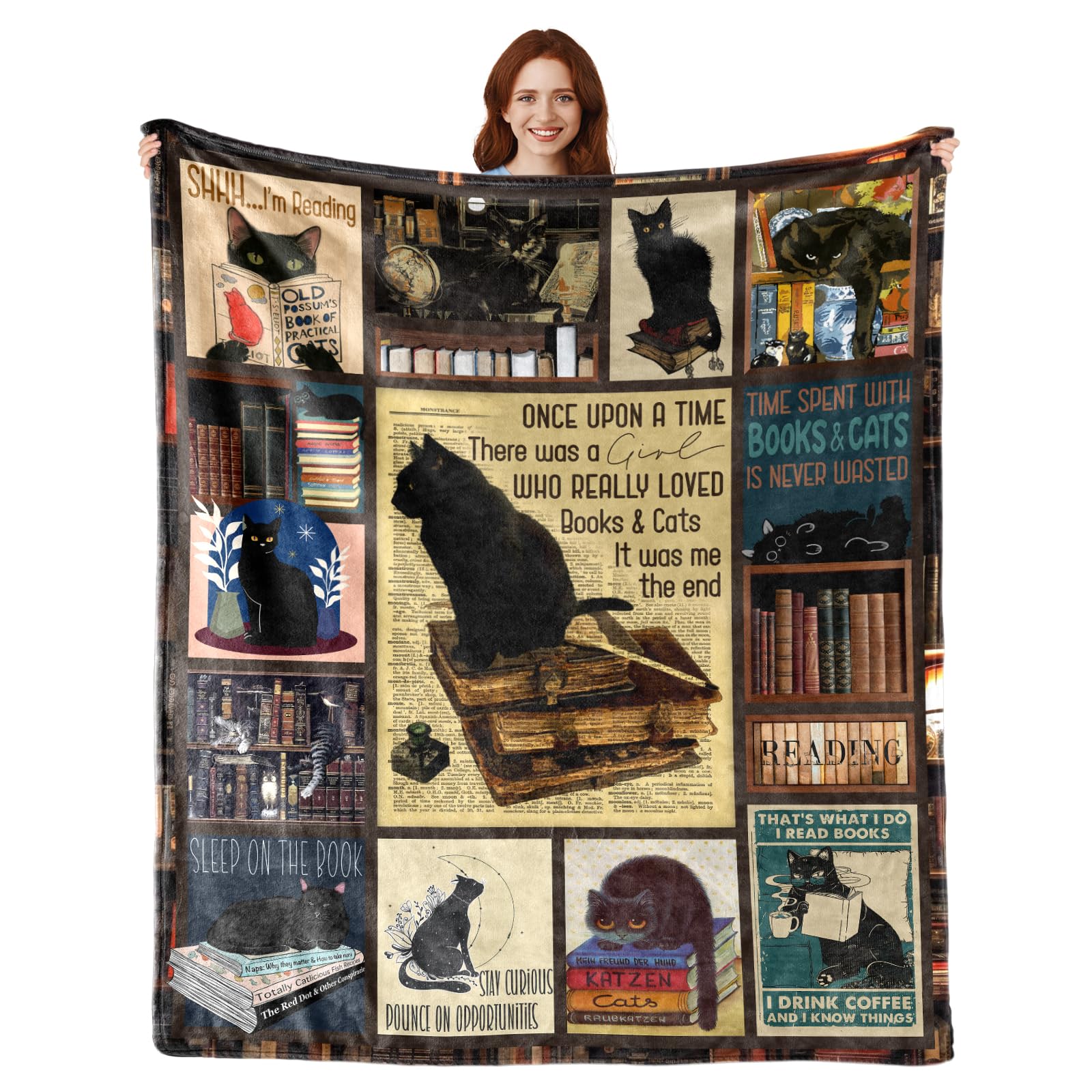 VHIKMLY Christmas Book Lovers Gifts, Black Cat Blanket for Women, Cat Lover Gifts, Gifts for Book Lovers, Book Reading Lovers Blanket Throws 60"x50"