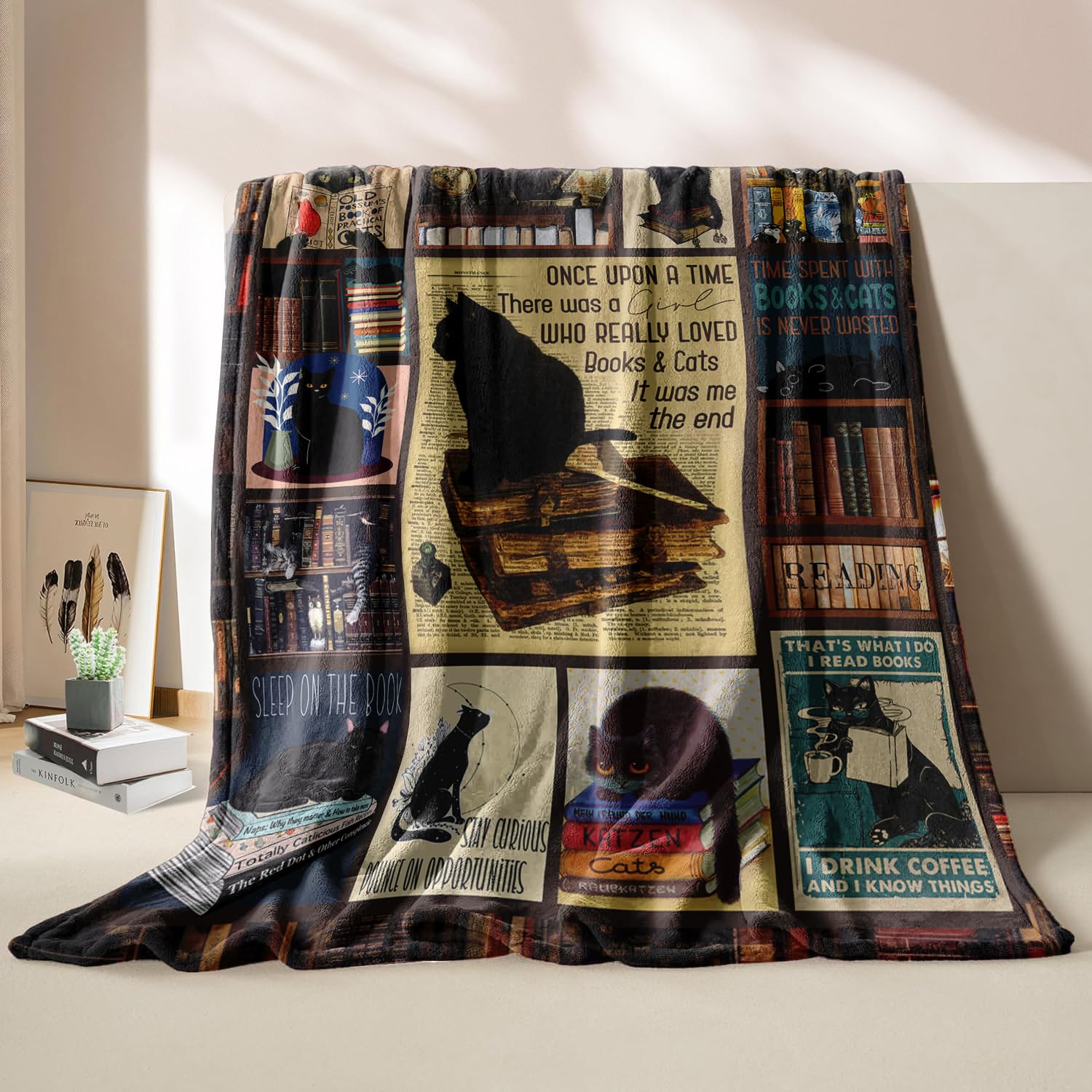 VHIKMLY Christmas Book Lovers Gifts, Black Cat Blanket for Women, Cat Lover Gifts, Gifts for Book Lovers, Book Reading Lovers Blanket Throws 60"x50"