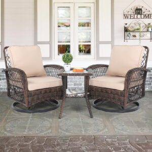 VINGLI 3 Pieces Outdoor Swivel Chairs Set of 2 and Side Table, Wicker Outdoor Rocking Chair Patio Swivel Chairs Outdoor Furniture Set for Porch Deck Backyard