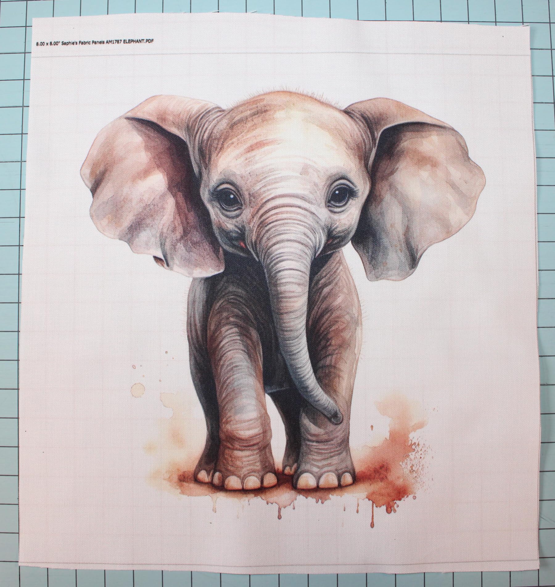 Fabric Panel 8"x8" Watercolor Elephant 100% Cotton Quilting Panel Square AM1787