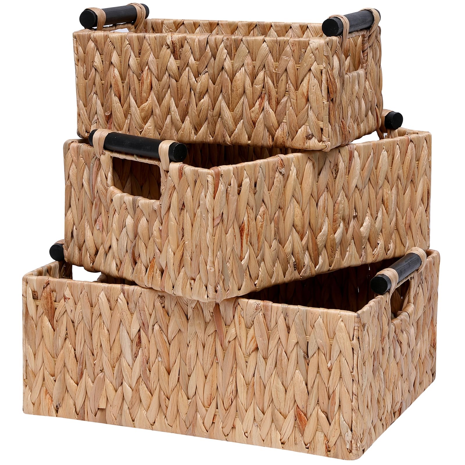 YOCAHAOY Wicker Storage Basket Shelf Bakets Hand-Woven Water Hyacinth Woven Storage Basket with Wooden Handles,Nested Organizer Container with Built-In Carry Handles,3 Pack