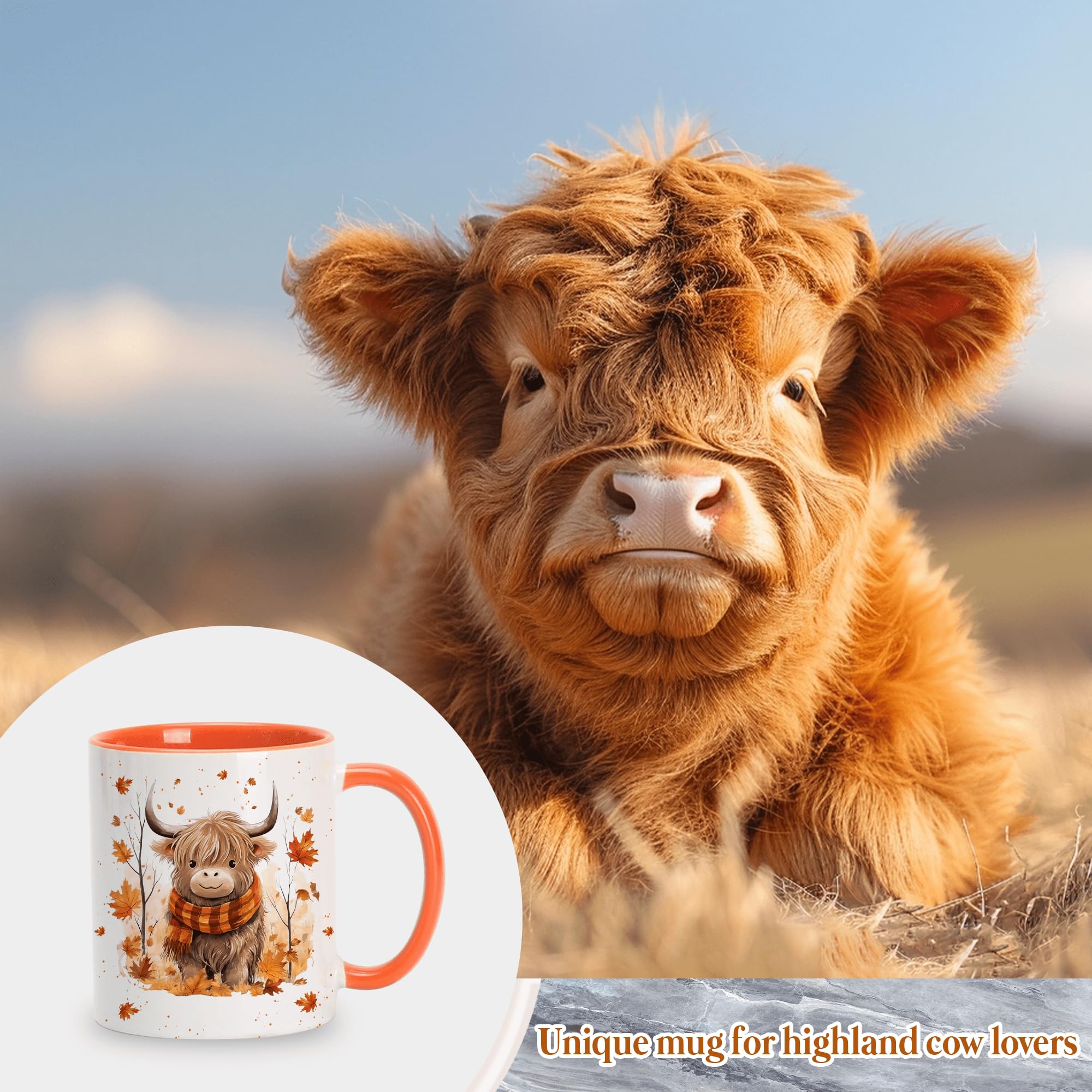 Hyturtle Fall Highland Cow Maple Leaves Coffee Mug - Birthday Gifts For Cow Lovers - Fall Autumn Decor Gifts For Farmhouse Thanksgiving - Highland Cow Gifts - 11oz White Ceramic Coffee Tea Mug