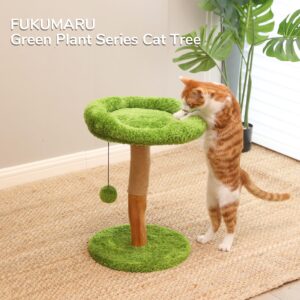 Cat Scratching Post, 20" Plant Style Kitten Scratcher, FUKUMARU Solid Wood Cat Post with Bed, Small Cat Tower Tree with Natural Jute Rope for Indoor Kitten & Cats