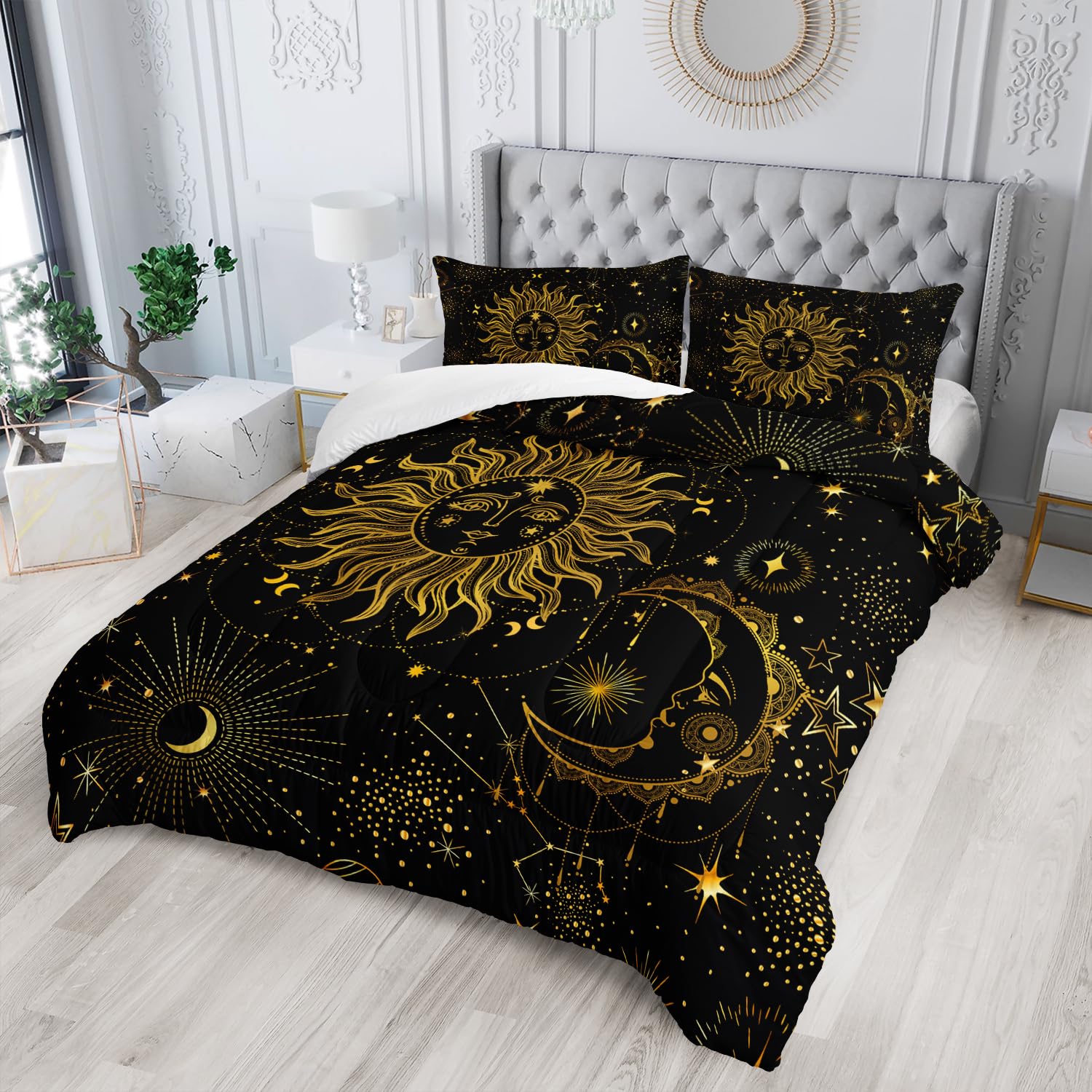 Nttopship Sun and Moon Bedding Comforter Set for Kids Teens and Adults Mysterious Galaxy Theme Printed Quilt Set for Bedroom 100% Soft Microfiber Print Quilt Set with 1 Comforter and 2 Pillow Case