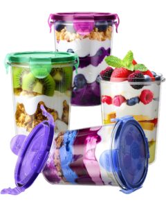 kemethy 4 pcs overnight oats containers with lids, 16 oz airtight oats jars, bpa free plastic, reusable, portable meal prep containers sets for oatmeal, yogurt, cereal, soup, snacks, milk and more