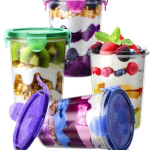 KEMETHY 4 Pcs Overnight Oats Containers with Lids, 16 oz Airtight Oats Jars, BPA Free Plastic, Reusable, Portable Meal Prep Containers Sets for Oatmeal, Yogurt, Cereal, Soup, Snacks, Milk and More