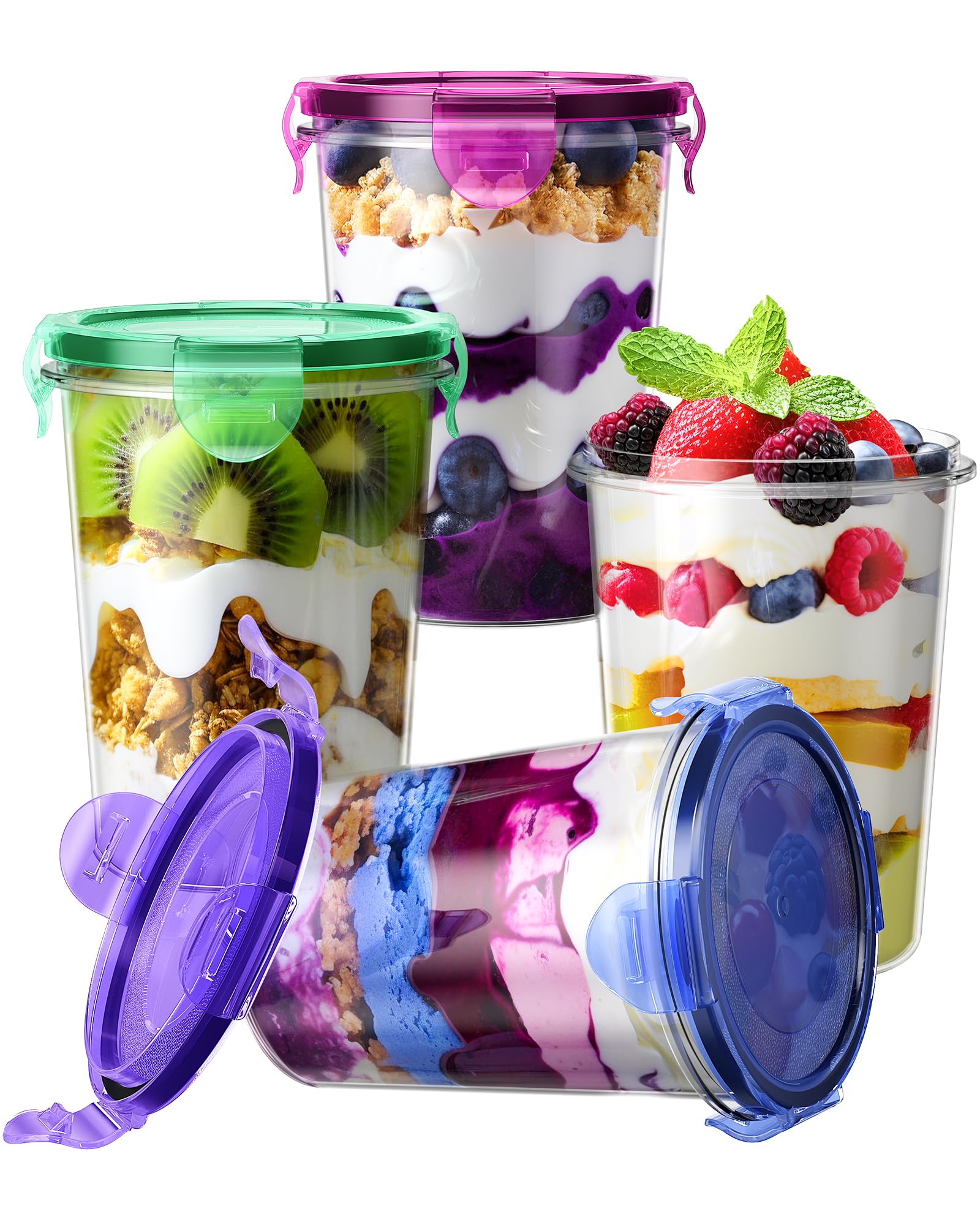 KEMETHY 4 Pcs Overnight Oats Containers with Lids, 16 oz Airtight Oats Jars, BPA Free Plastic, Reusable, Portable Meal Prep Containers Sets for Oatmeal, Yogurt, Cereal, Soup, Snacks, Milk and More