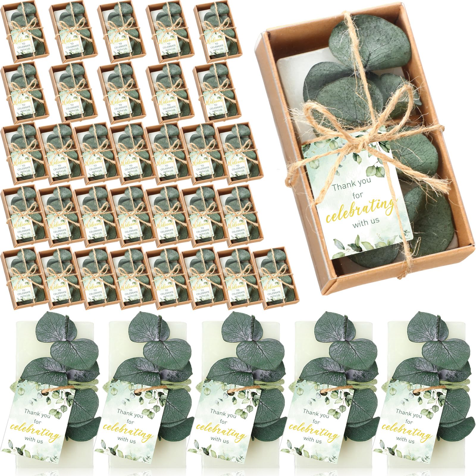 Dansib 50 Sets Mini Eucalyptus Handmade Soaps Wedding Soap Bulk Party Gifts Wedding Baby Shower Gifts for Guest with Thank You Cards Box for Bridal Shower Wedding