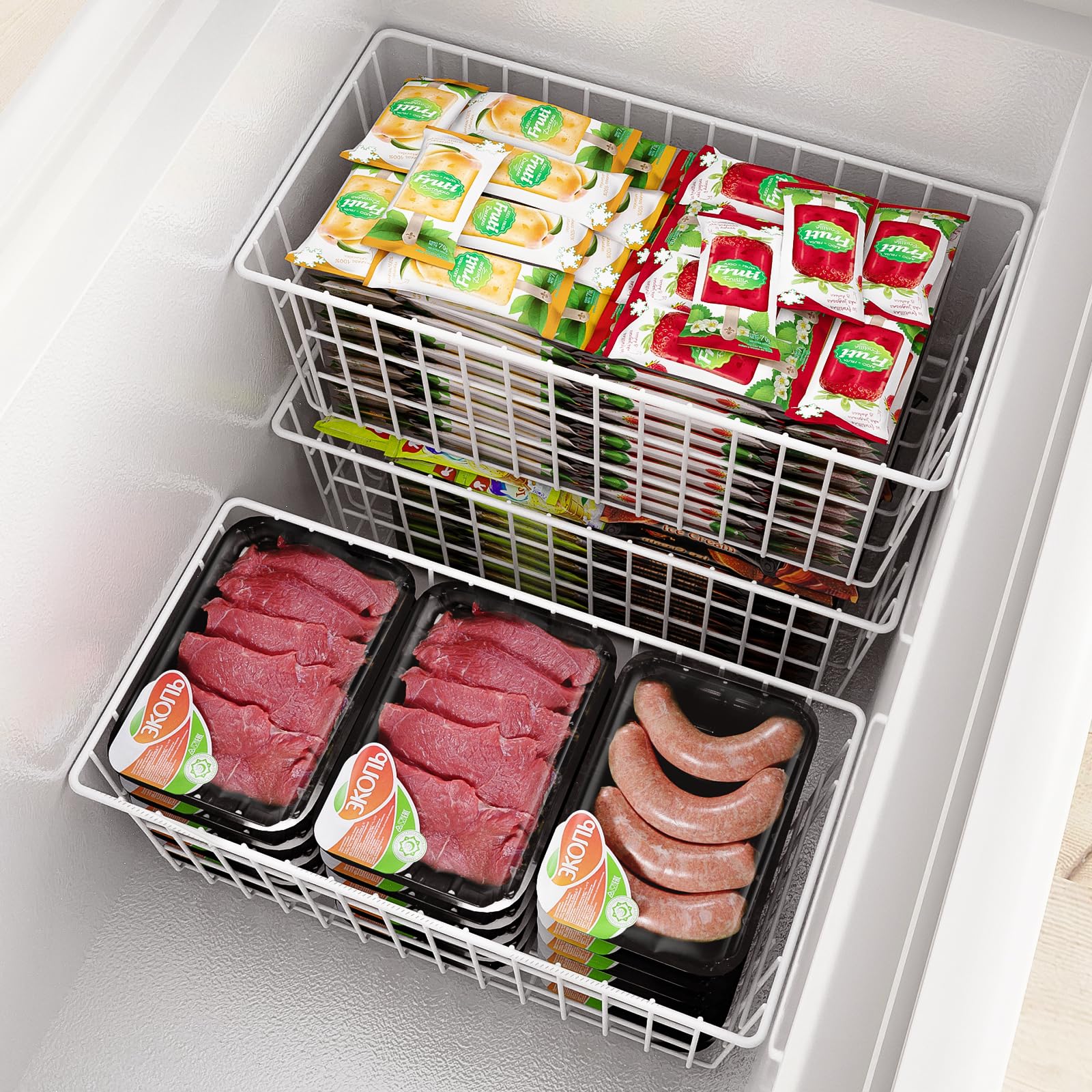 Orgneas Freezer Organizer Bins, Freezer Baskets for Chest Freezer and Upright Freezer Refrigerator Dividers Frozen Meats Storage Containers Organizer for Fruits and Vegetables, 5 Packs