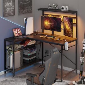 Bestier 42 L Gaming Desk,Computer Desk with Power Outlets, LED Lights, Reversible Corner Desk with 4-Tier Shelves,Cup Holder & Hook Carbon Fiber Black