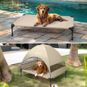 Veehoo Outdoor Dog Bed with Canopy, Cooling Elevated Dog Bed with Removable Shade, Non-Slip Feet, Raised Dog Cot Bed for Large Dogs, Dog Tent Bed for Camping, Beach, Large, Beige Coffee CWC2411