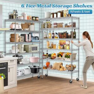 YRLLENSDAN 6-Tier Steel Storage 2100Lbs Capacity Wire Shelving W/Wheels Heavy Duty Metal Shelves Adjustable Steel Shelving Shelving Rack for Kitchens garages,18"x48"x82", Chrome