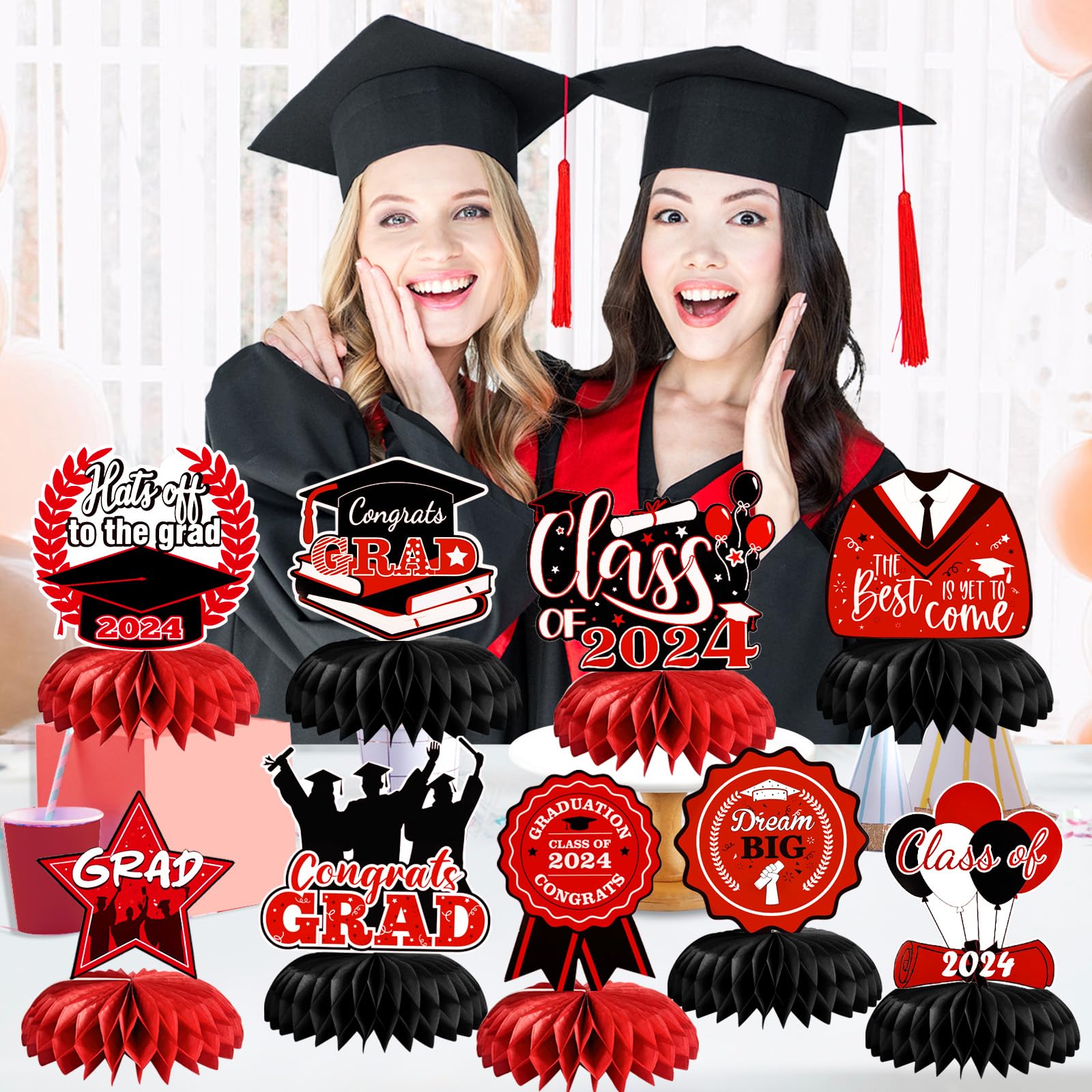 2024 Graduation decorations party centerpieces Class of 2024, 9pcs Graduation decoration party table Honeycomb Centerpieces decor Congrats Grad Party Supplies(Red)