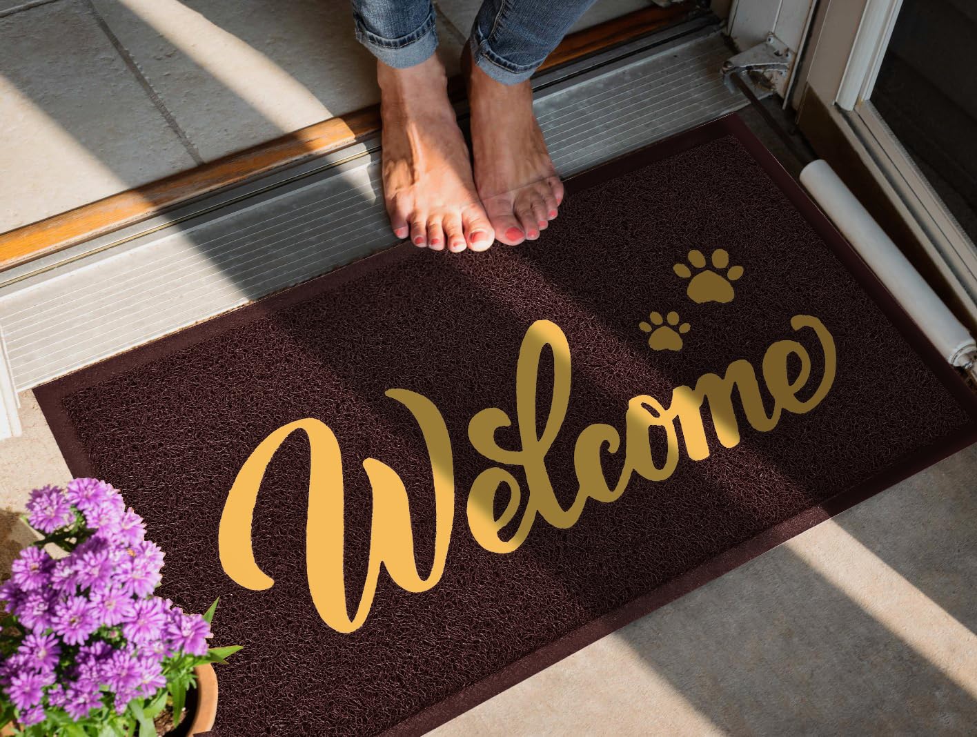 T.HENV Welcome Mat Outdoor, 30x17.5 Waterproof All-Season Front Door Mat Outside Entrance, All-Weather Quick Drying, Low Profile Doormat Indoor, Patio Porch Entryway Mat, Brown-Gold