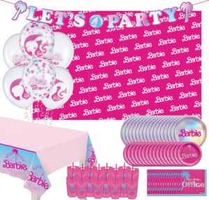 barbie kids birthday party supplies, serves 16 - dessert & lunch paper plates, beverage napkins, paper cups, tablecloth & balloons - barbie birthday decorations kit for boys & girls