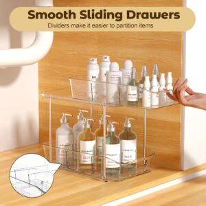 incostar 2 Tier Under Sink Organizer for Bathroom and Kitchen, Pull-Out Storage Organizer with Dividers, Ideal for Organizing Cupboard,Bathroom Vanities,Cabinet, Slide-Out Clear Storage, 2 Pack