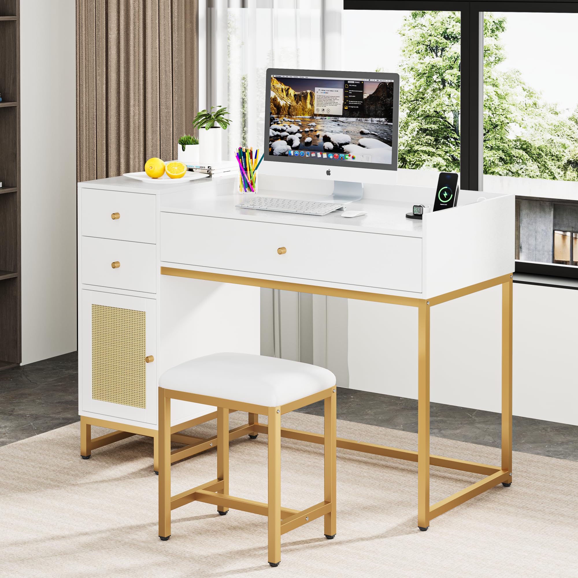 furlinkhm Computer Desk and Chair Set, White and Gold Desk with 3 Drawers and Rattan Cabinet,Home Office Desk with Power Outlets,Office Table and Chair Set for Writing Study Bedroom