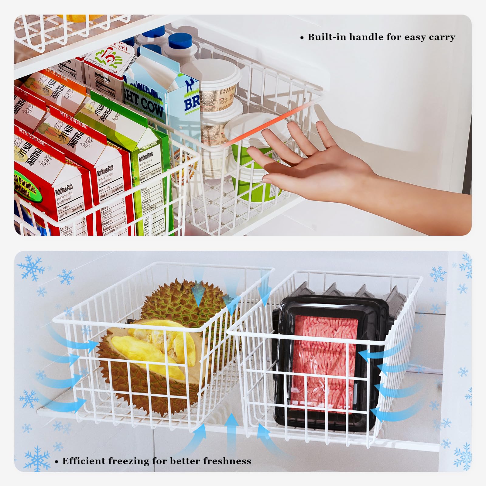 Orgneas Freezer Organizer Bins, Freezer Baskets for Chest Freezer and Upright Freezer Refrigerator Dividers Frozen Meats Storage Containers Organizer for Fruits and Vegetables, 5 Packs