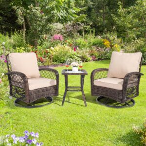 vingli 3 pieces outdoor swivel chairs set of 2 and side table, wicker outdoor rocking chair patio swivel chairs outdoor furniture set for porch deck backyard