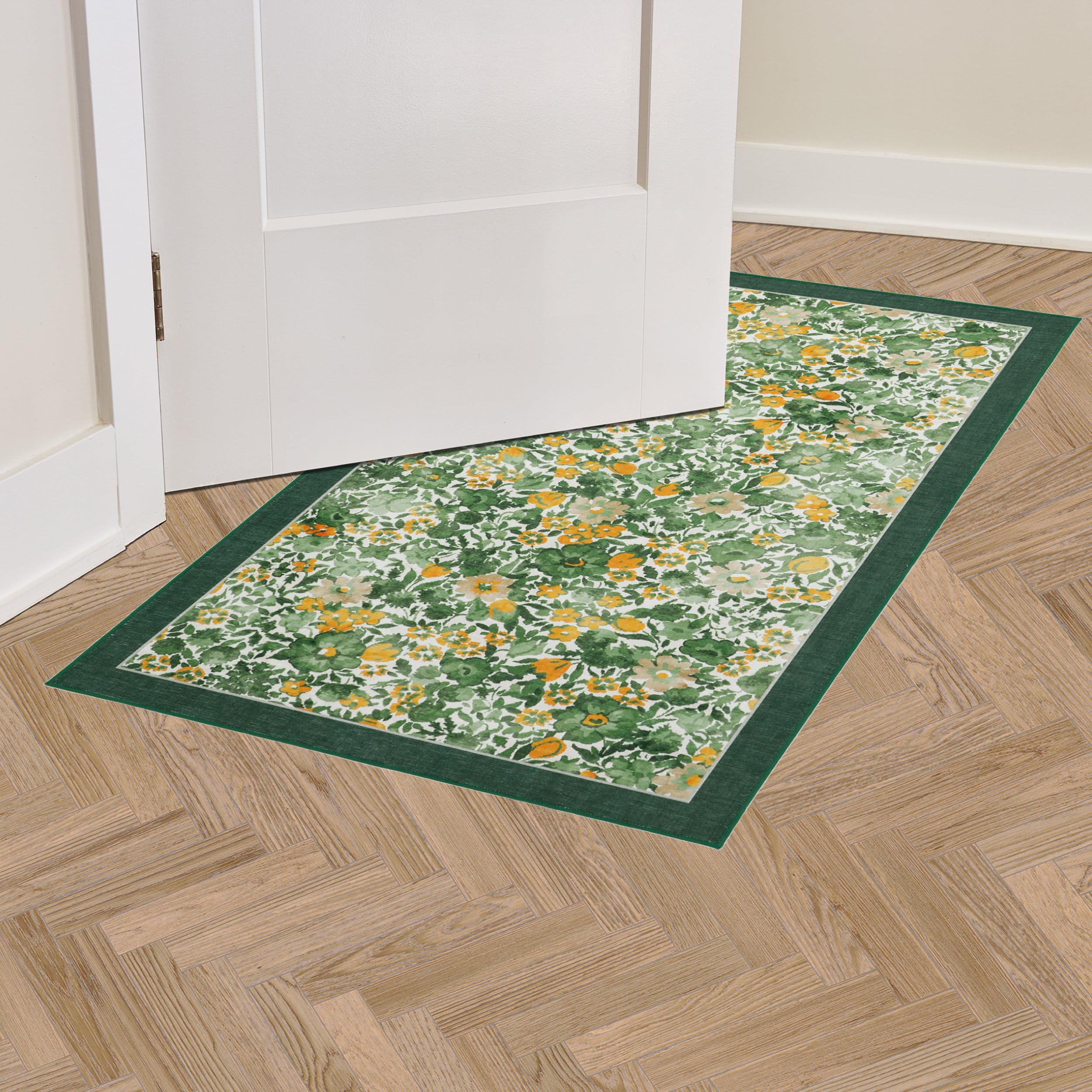 Laura Ashley Green Lovestone Floral Machine Washable & Slip Resistant 26" x 45" Accent Rug