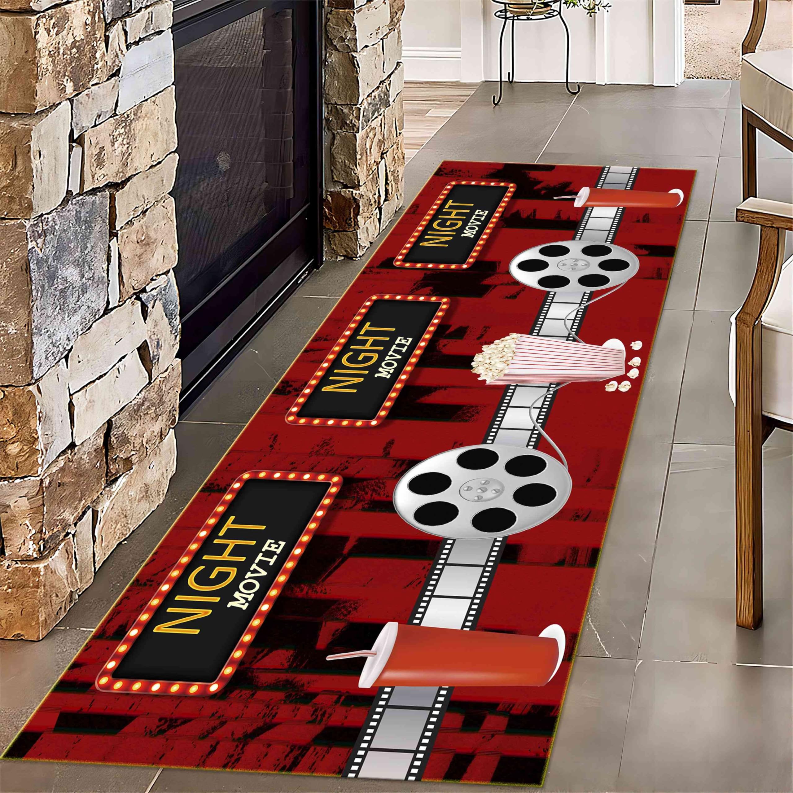 Puyosvr Film Area Rugs,2x7ft,Home Theater Movie Night Floor Mat Non-Slip Rug,Cinema Popcorn Design,Cinema Sign Carpet, Suitable for Living Room, Kitchen Hallway,Party