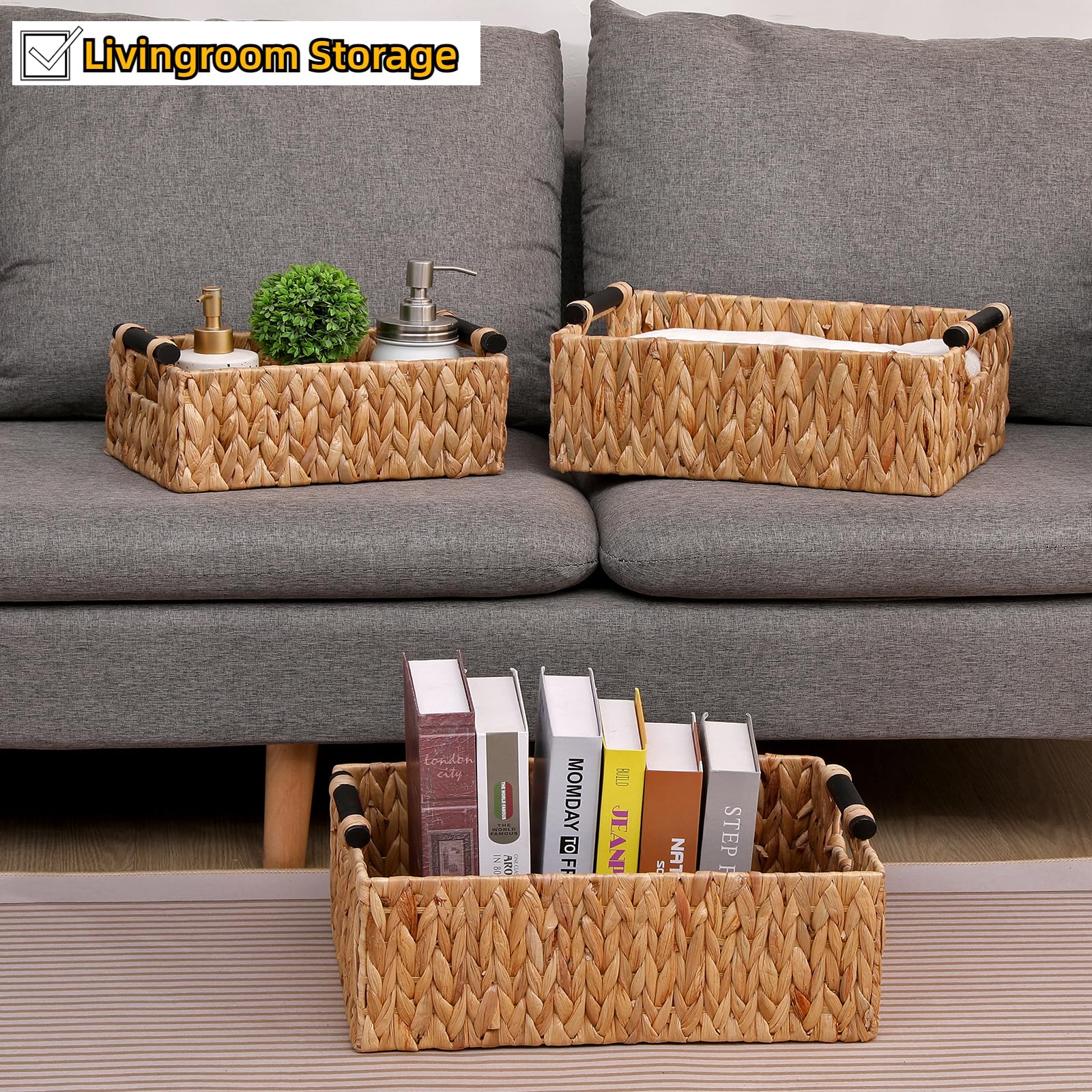 YOCAHAOY Wicker Storage Basket Shelf Bakets Hand-Woven Water Hyacinth Woven Storage Basket with Wooden Handles,Nested Organizer Container with Built-In Carry Handles,3 Pack